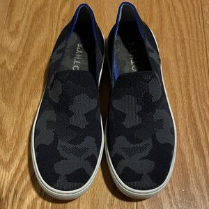 Rothy's Black & Gray Camo Slip-On Sneakers with Blue Trim